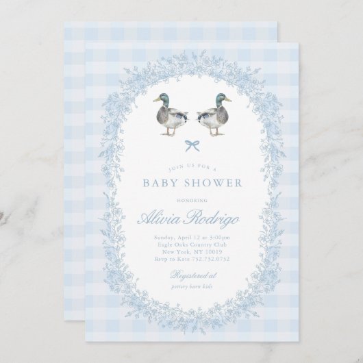Blue Gingham Mallard Duck Baby shower Invitation Kaart (Voorkant / Achterkant)
