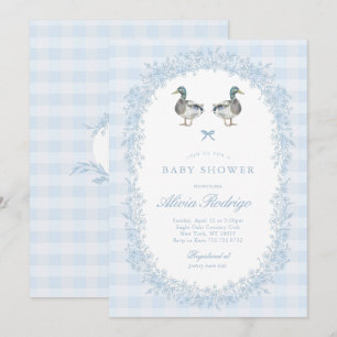 Blue Gingham Mallard Duck Baby shower Invitation Kaart