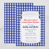 Blue Gingham Mason Jar Country Rustieke Uitnodigin Kaart (Voorkant / Achterkant)