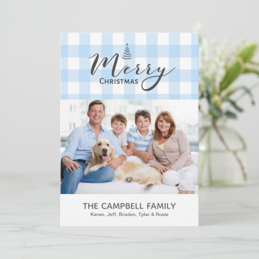 Blue Gingham Merry Christmas Kaart (Staand voorkant)