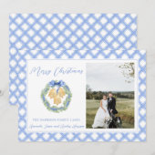 Blue Gingham met kerstmis Wreath Bells  foto Feestdagenkaart (Voorkant / Achterkant)