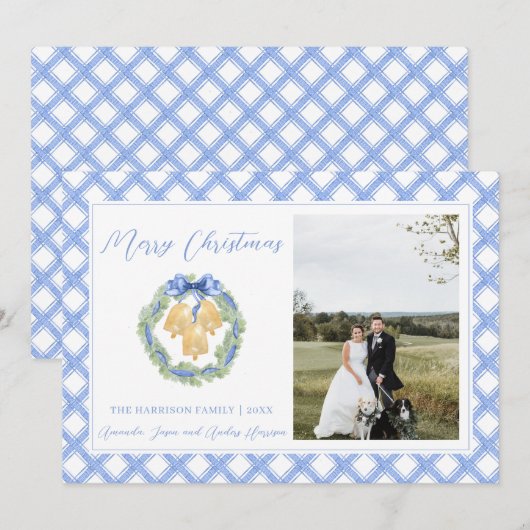 Blue Gingham met kerstmis Wreath Bells  foto Feestdagenkaart (Voorkant / Achterkant)