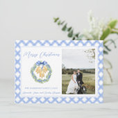 Blue Gingham met kerstmis Wreath Bells  foto Feestdagenkaart (Staand voorkant)