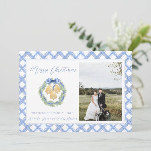 Blue Gingham met kerstmis Wreath Bells  foto Feestdagenkaart (Staand voorkant)