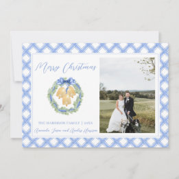 Blue Gingham met kerstmis Wreath Bells  foto Feestdagenkaart