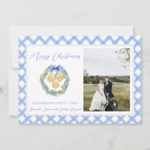 Blue Gingham met kerstmis Wreath Bells  foto Feestdagenkaart