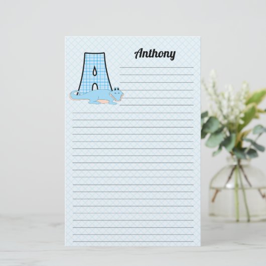 Blue Gingham met Letter A voor jongens Briefpapier (Staand voorkant)