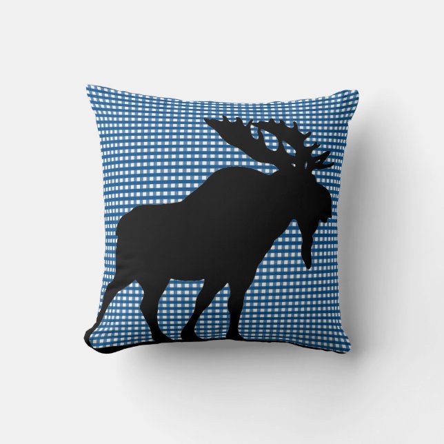 Blue Gingham met Maine Moose Pillow Kussen (Voorkant)