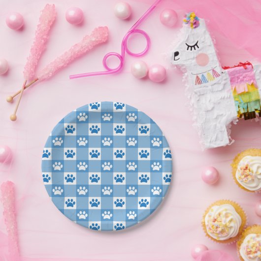 Blue Gingham met Paw Prints Picnic Party Papieren Bordje (Feest)