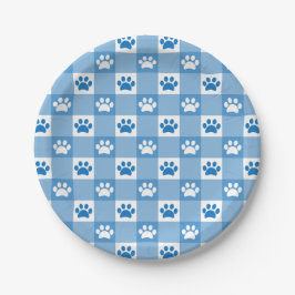 Blue Gingham met Paw Prints Picnic Party Papieren Bordje