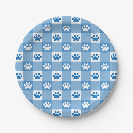 Blue Gingham met Paw Prints Picnic Party Papieren Bordje (Voorkant)