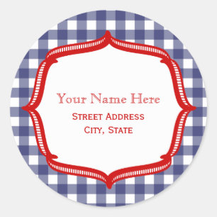 Blue Gingham met Red Address Sticker