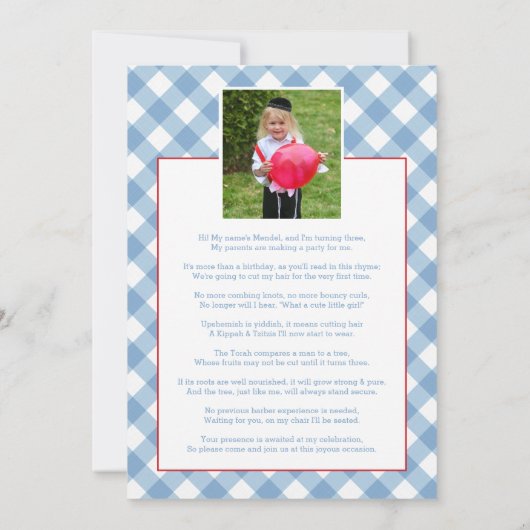 Blue Gingham met Red Balloon Upsherin Foto Kaart (Achterkant)