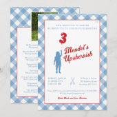 Blue Gingham met Red Balloon Upsherin Foto Kaart (Voorkant / Achterkant)