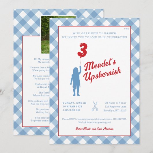 Blue Gingham met Red Balloon Upsherin Foto Kaart (Voorkant / Achterkant)