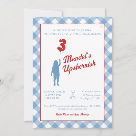 Blue Gingham met Red Balloon Upsherin Invitation Kaart (Voorkant)
