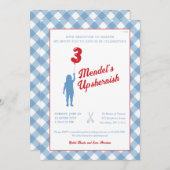 Blue Gingham met Red Balloon Upsherin Invitation Kaart (Voorkant / Achterkant)
