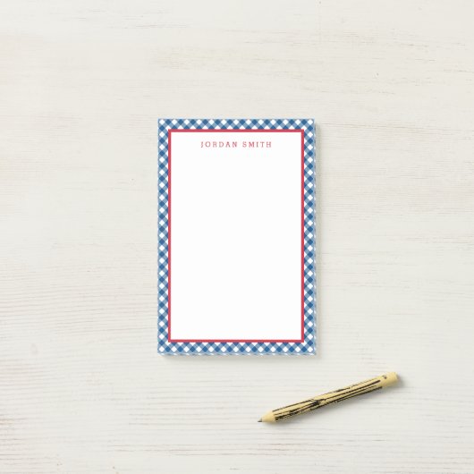 Blue Gingham met Red Border Post-it® Notes (Op bureau)