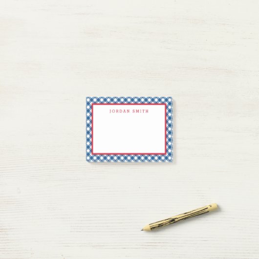 Blue Gingham met Red Border Post-it® Notes (Op bureau)