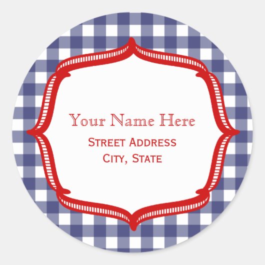 Blue Gingham met rode adres Sticker (Voorkant)
