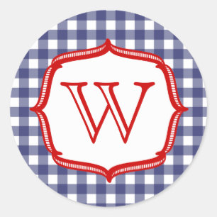 Blue Gingham met rode monogram Sticker