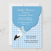 Blue Gingham met Stork Baby shower Invitation Kaart (Voorkant)