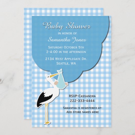 Blue Gingham met Stork Baby shower Invitation Kaart (Voorkant / Achterkant)