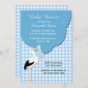 Blue Gingham met Stork Baby shower Invitation Kaart
