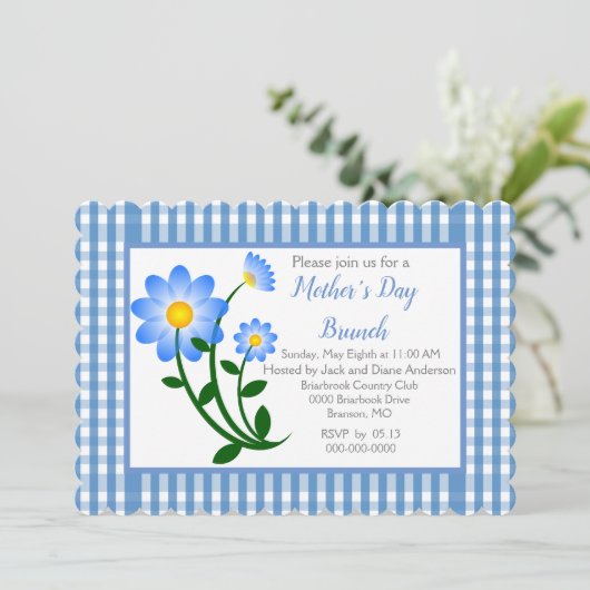 Blue Gingham Moederdag Holiday Brunch Kaart (Staand voorkant)