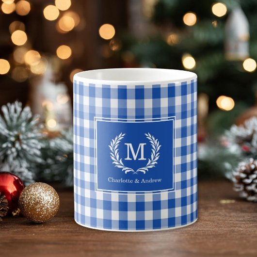 Blue Gingham Monogram Crest Custom Koffiemok