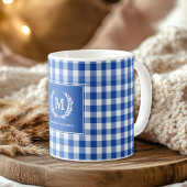 Blue Gingham Monogram Crest Custom Koffiemok