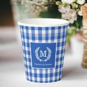 Blue Gingham Monogram Crest Custom Papieren Bekers