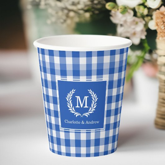 Blue Gingham Monogram Crest Custom Papieren Bekers