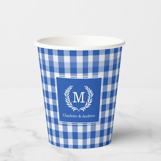 Blue Gingham Monogram Crest Custom Papieren Bekers (Voorkant)