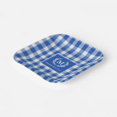 Blue Gingham Monogram Crest Custom Papieren Bordje (Gebogen)