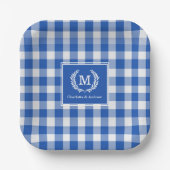 Blue Gingham Monogram Crest Custom Papieren Bordje (Voorkant)