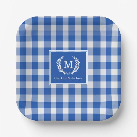Blue Gingham Monogram Crest Custom Papieren Bordje (Voorkant)
