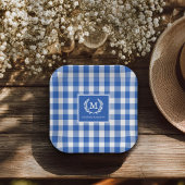 Blue Gingham Monogram Crest Custom Papieren Bordje