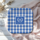 Blue Gingham Monogram Crest Custom Papieren Bordje