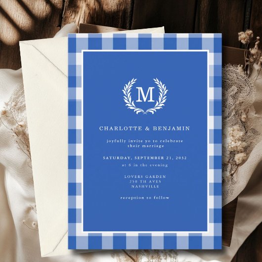 Blue Gingham Monogram Crest Kaart