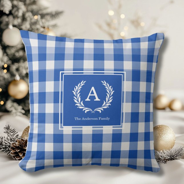 Blue Gingham Monogram Crest Kussen (Custom Blue Gingham Monogram Crest Throw Pillow)