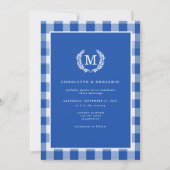 Blue Gingham Monogram Crest QR-code Kaart (Voorkant)