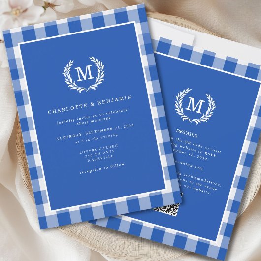 Blue Gingham Monogram Crest QR-code Kaart