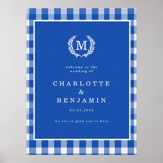 Blue Gingham Monogram Crest Wedding Welkom Poster (Voorkant)