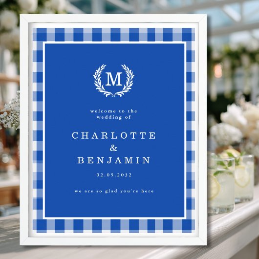 Blue Gingham Monogram Crest Wedding Welkom Poster