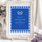 Blue Gingham Monogram Crest Wedding Welkom Poster