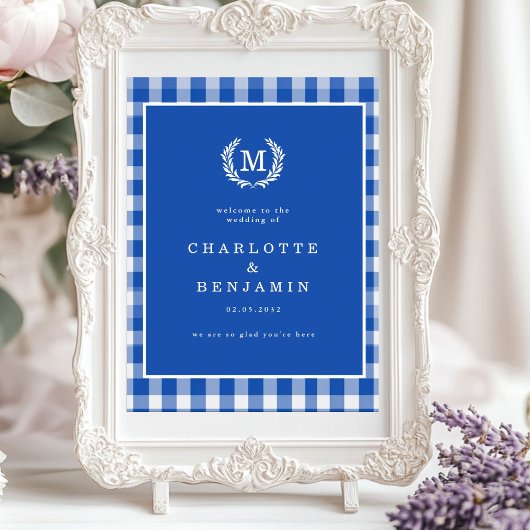 Blue Gingham Monogram Crest Wedding Welkom Poster