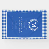 Blue Gingham Monogram Crest Wedding Welkom Spandoek (Horizontaal)