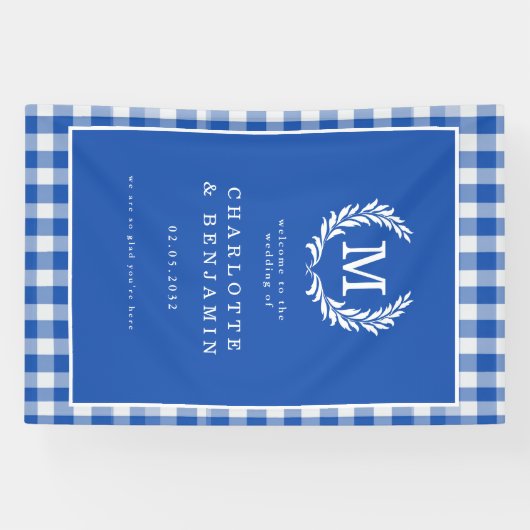 Blue Gingham Monogram Crest Wedding Welkom Spandoek (Horizontaal)