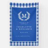 Blue Gingham Monogram Crest Wedding Welkom Spandoek (Verticaal)